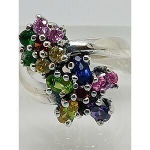 Vintage Floral Sterling Silver Bypass Band Ring Multicolored CZ Gemstones SZ 8.5